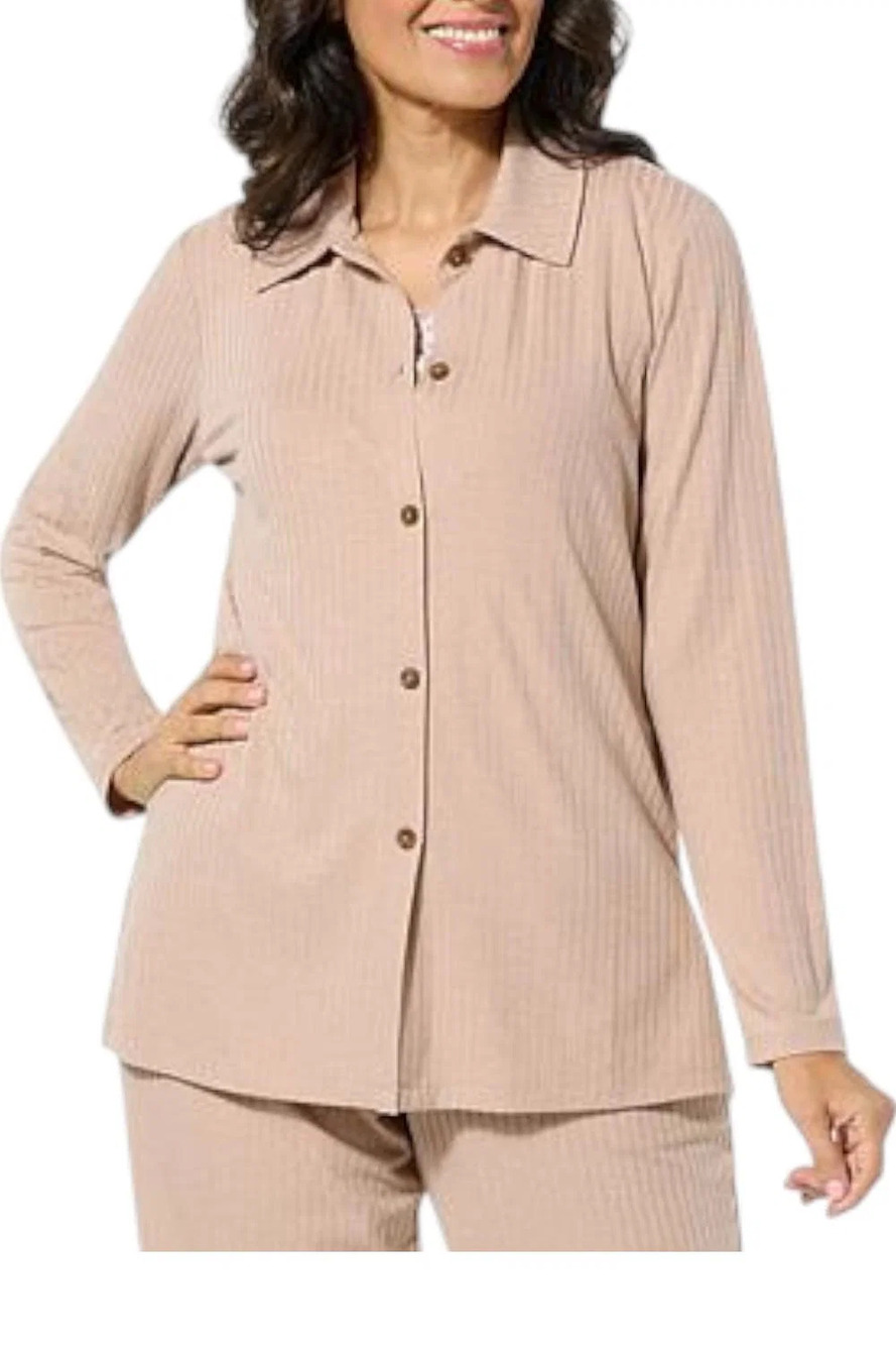 Comfort Code Women's Ribbed Knit Collared Cardigan Top Taupe Heather - Regular